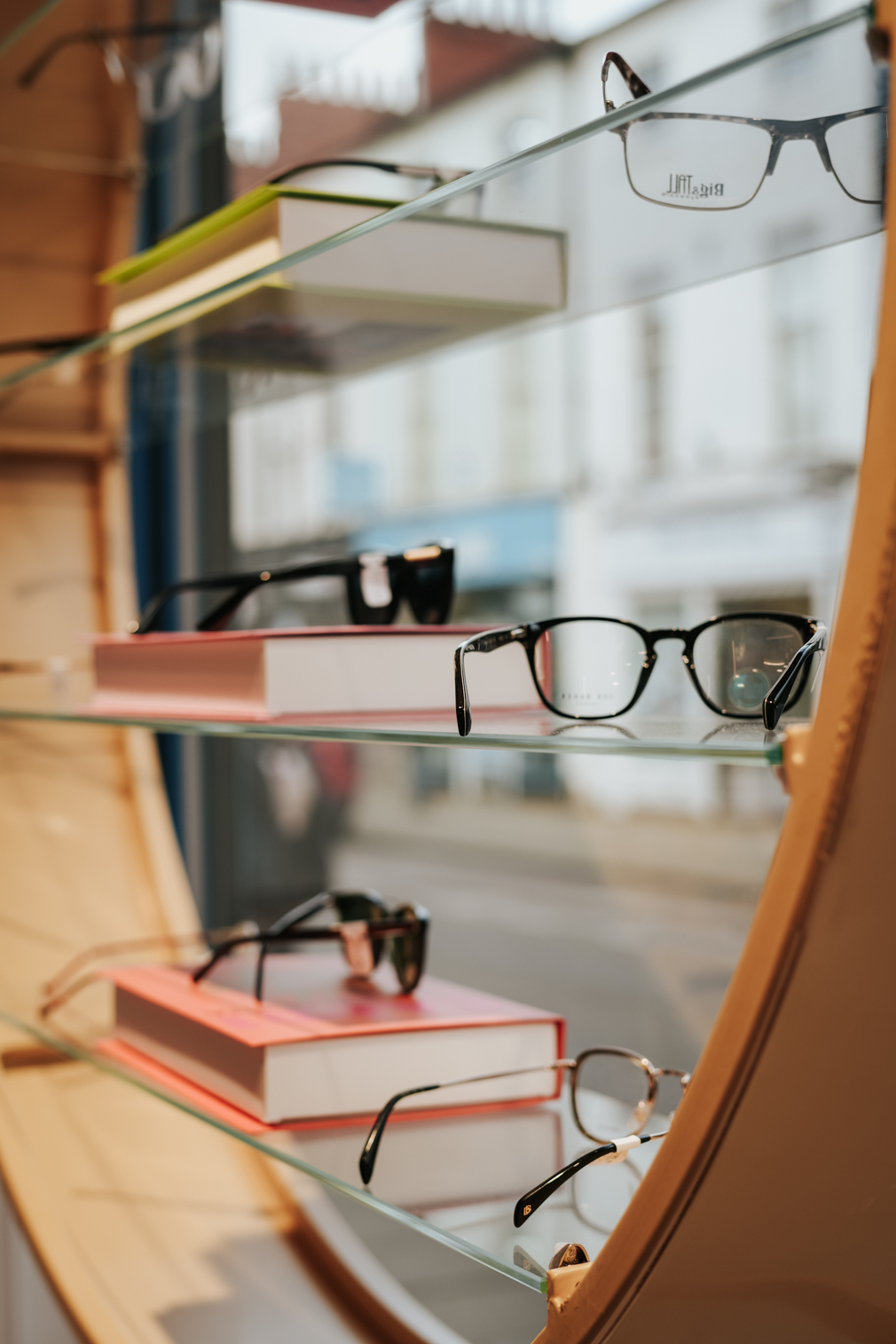Glasses displayed in the window at Edwards & Walker Opticians in Doncaster.
