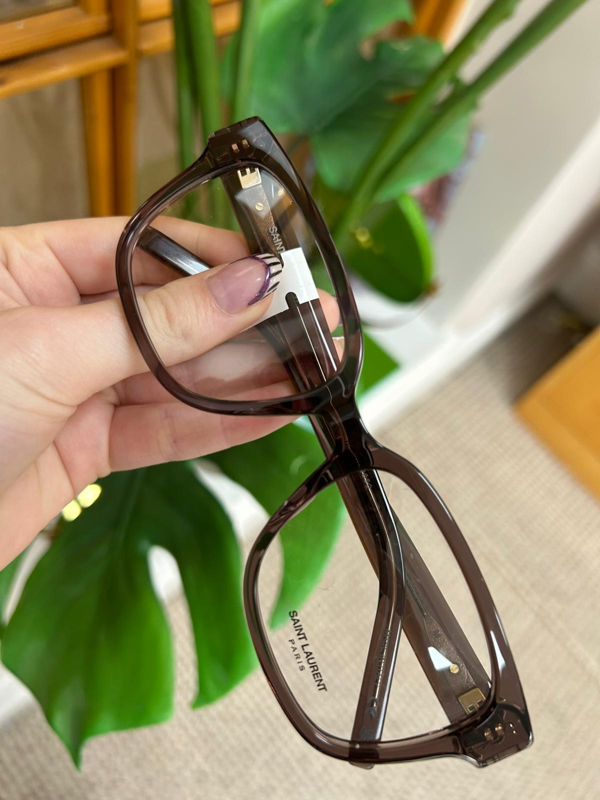 Saint Laurent translucent brown square glasses held in front of green indoor plants.