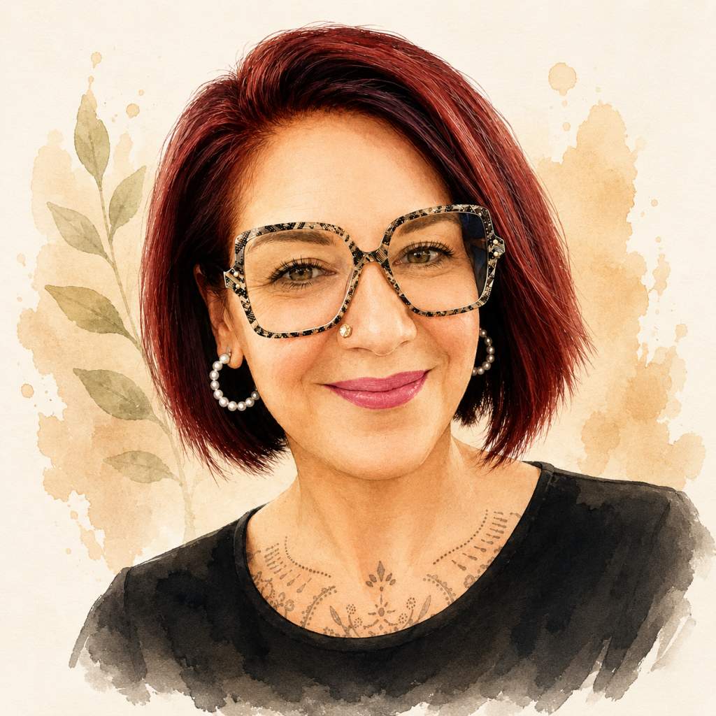 Illustrated watercolour portrait of a smiling woman with short burgundy hair, oversized patterned glasses, pearl hoop earrings and a nose stud, wearing a black top against a soft cream background with subtle botanical accents.