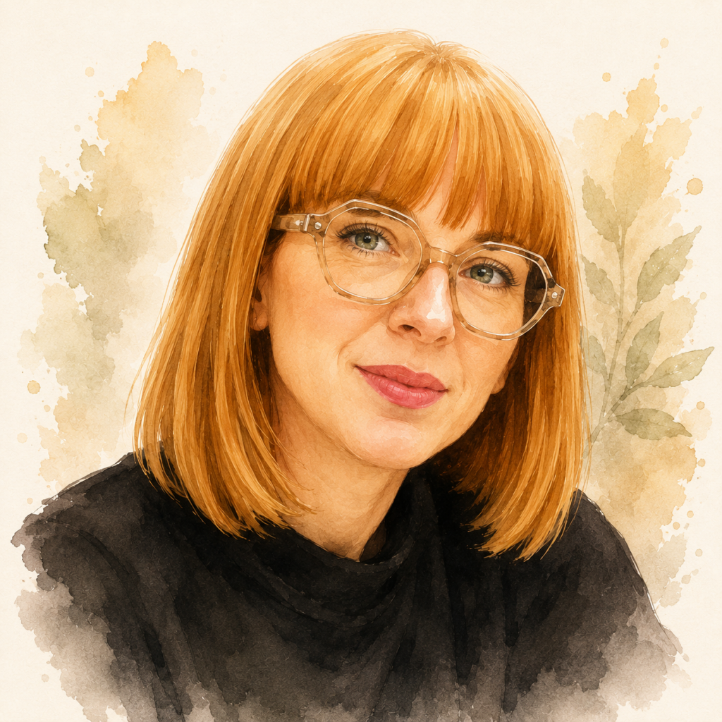 Illustrated watercolour portrait of a smiling woman with shoulder-length ginger hair, oversized translucent glasses and a black high-neck top, set against a soft cream background with subtle botanical and watercolour accents.